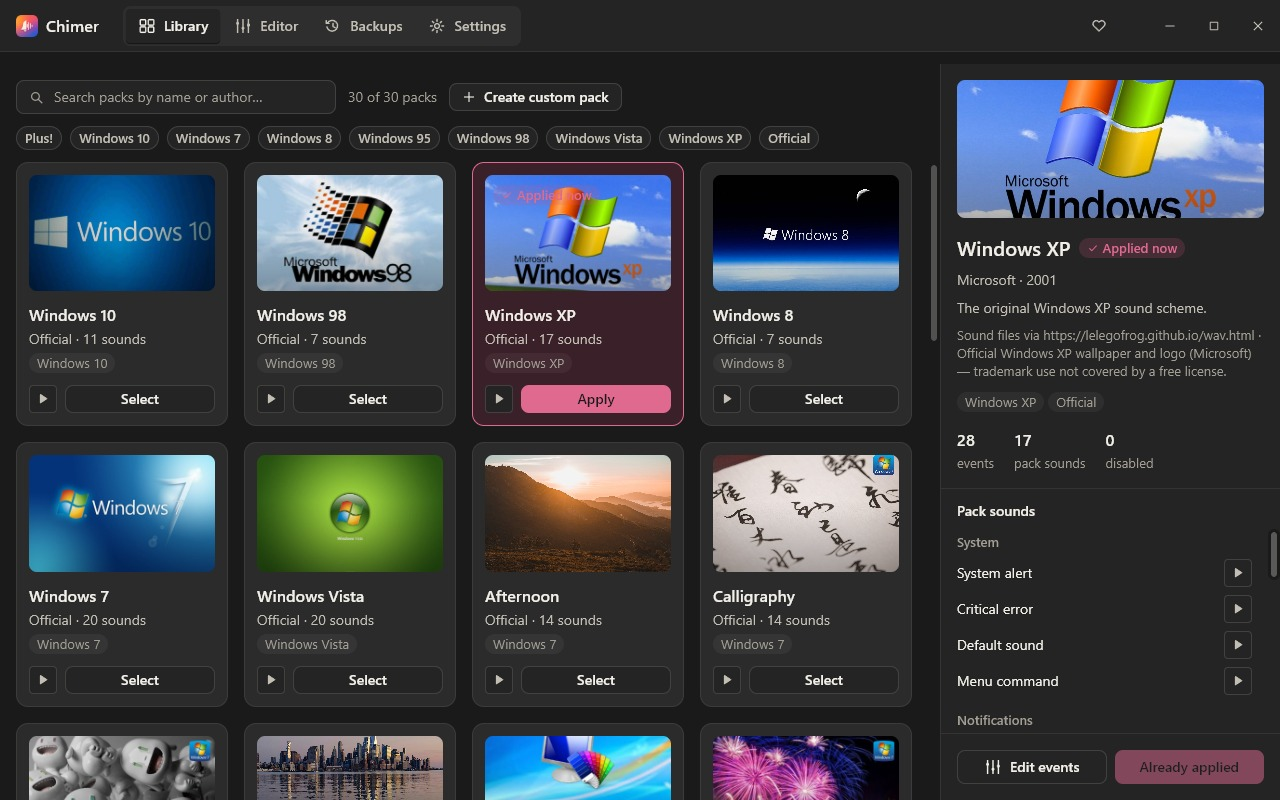 Chimer showing a library of Windows sound packs and the Apply button